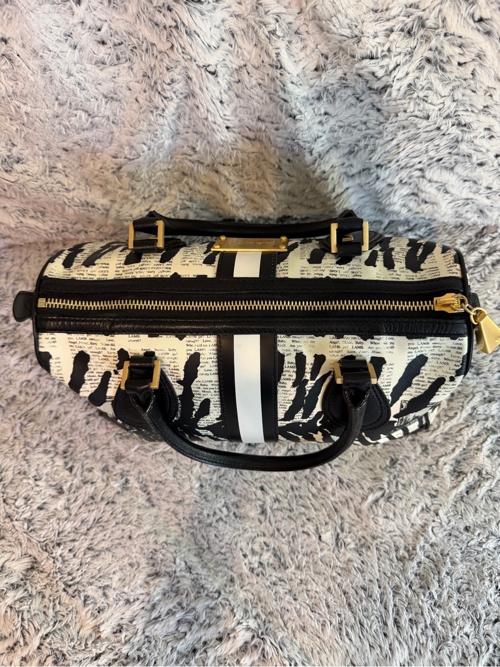L.A.M.B. Black and White Zebra Stripe Satchel with Gold Plaque - Picture 3 of 9